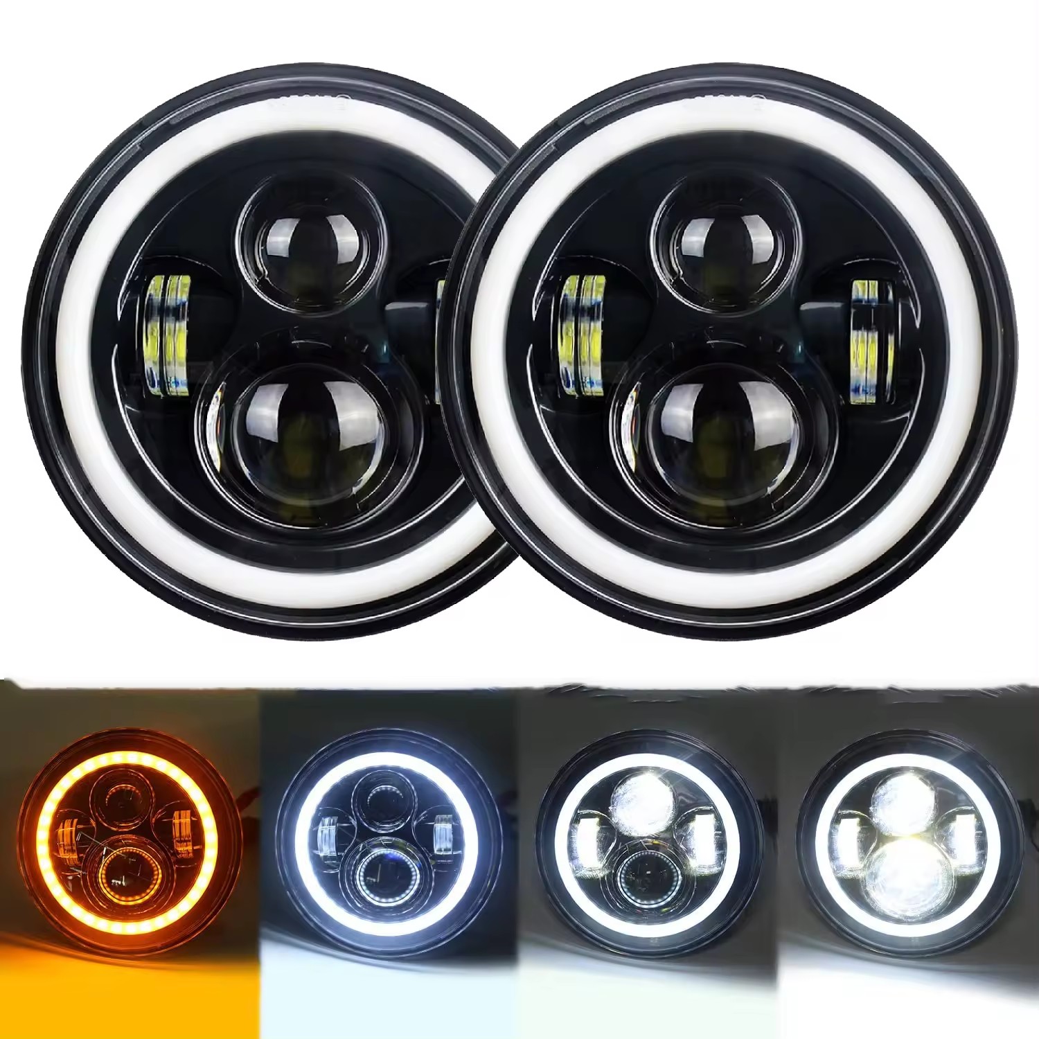 7 Inch Led Round Headlight With Angel Eyes Defender Led Farol For Jeep Troller Fusca Beetle Kombi